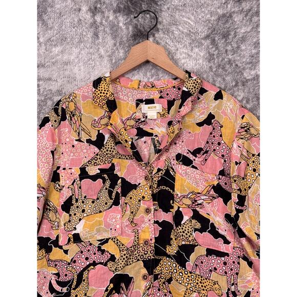 Maeve Surf Shirt XL Womens Anthropologie Linen Animal Print Camp Collar Top - Picture 2 of 8